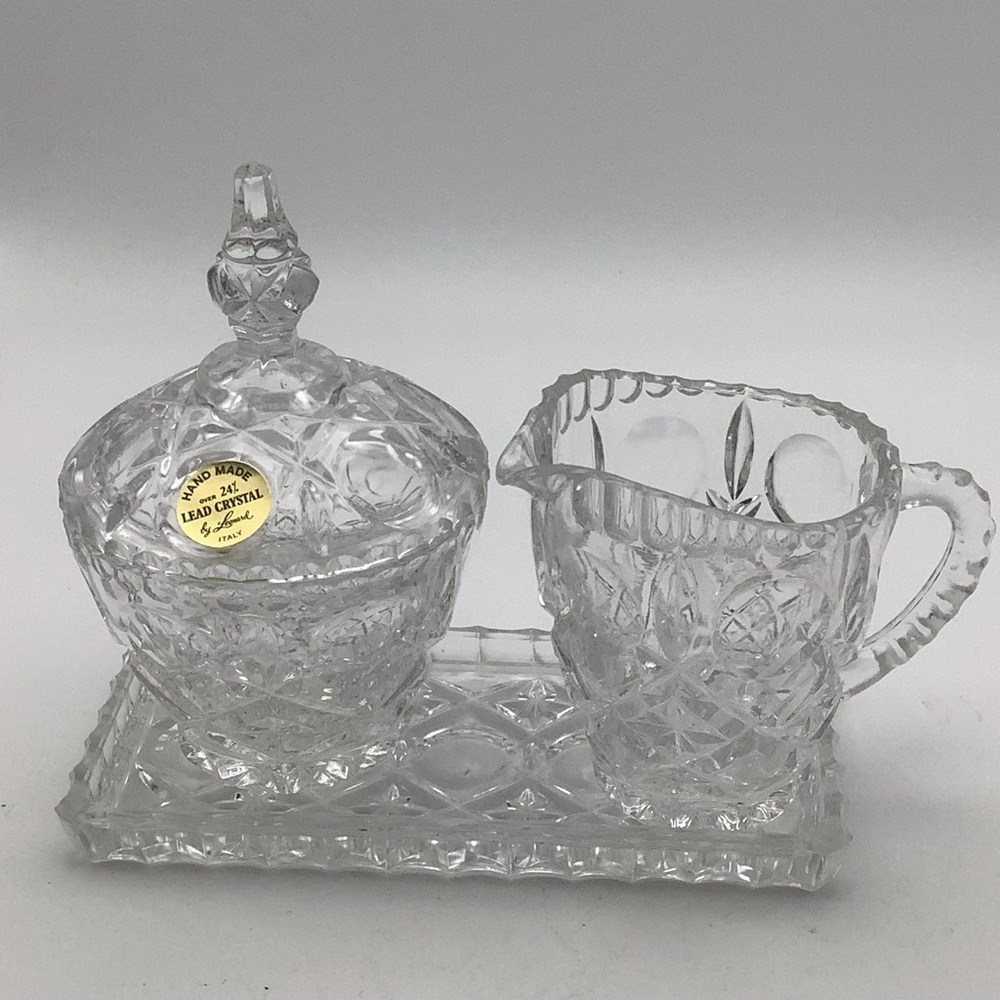 Vintage Leonard Handmade Lead Crystal Covered Sugar, Creamer and Tray Set
